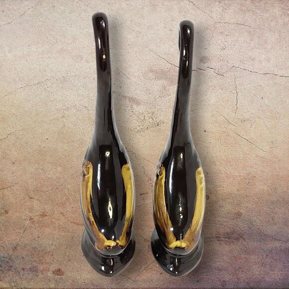 Vintage Japan Redware Pottery Swan Figurines Set 2 Brown Drip Glaze Mid Century - Picture 10 of 12